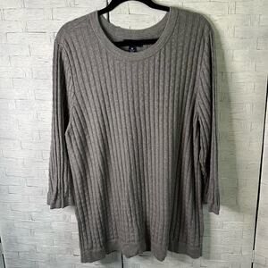 Lands End Top Sweater waffle Woven texture, 3/4 Sleeve Grey crewneck Plus Size